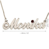 Close-up of birthstone name necklace
