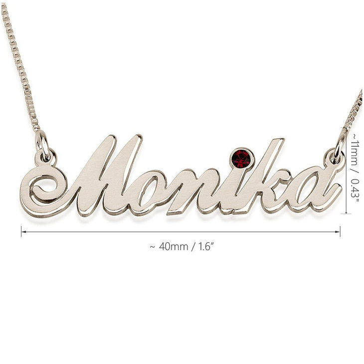 Close-up of birthstone name necklace