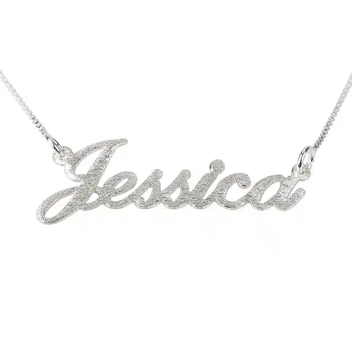 brushed name necklace with Jessica script