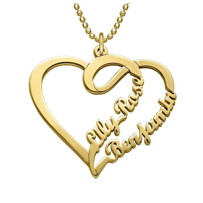 Gold-plated heart double-name necklace with intertwined hearts