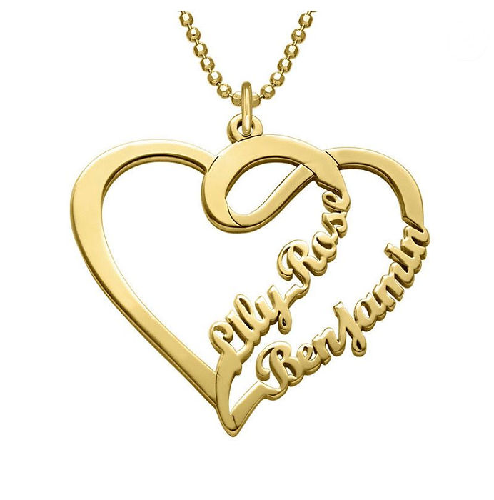 Gold-plated heart double-name necklace with intertwined hearts