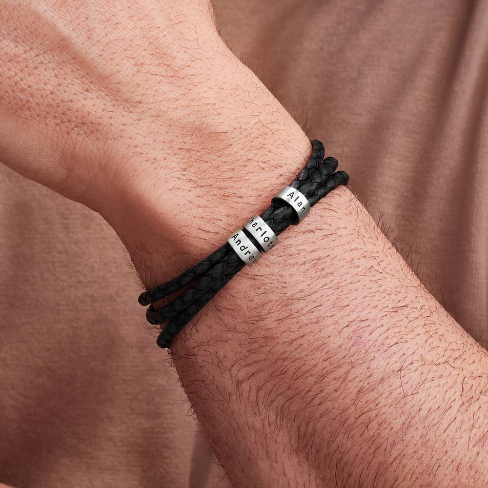 Leather Bracelet for Men with Silver Engraved beads