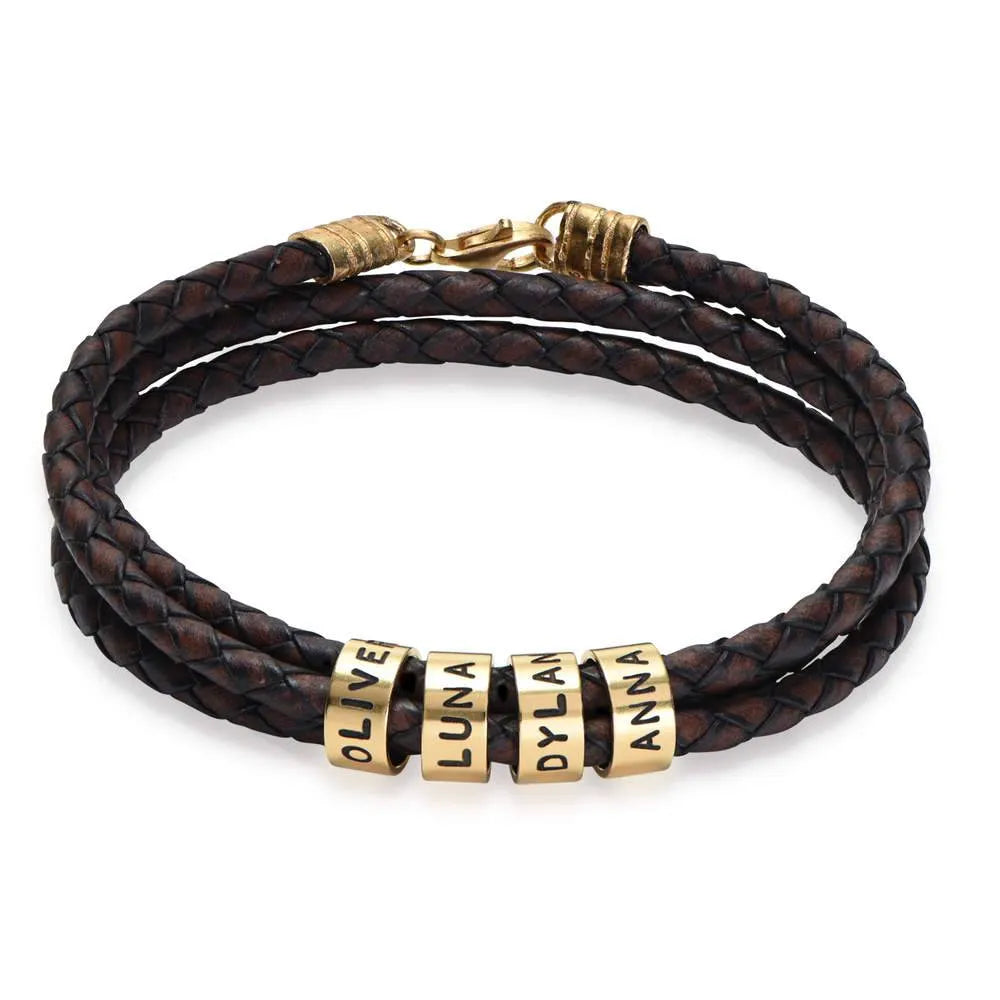 Leather Bracelet for Men with Small Custom Beads in Brown