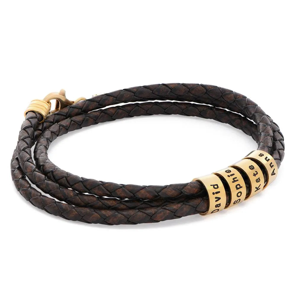 Leather Bracelet for Men with Small Custom Beads in Brown
