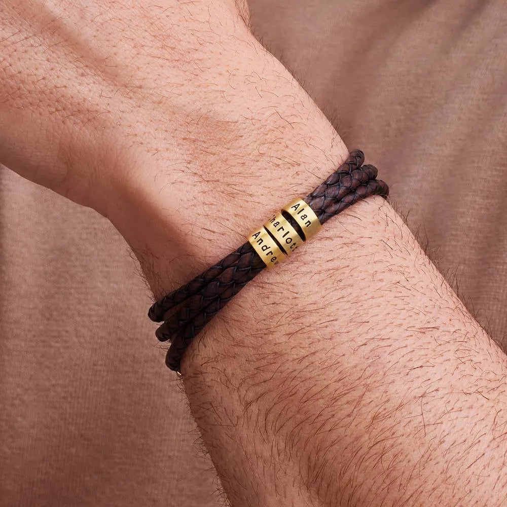 Leather Bracelet for Men with Small Custom Beads in Brown