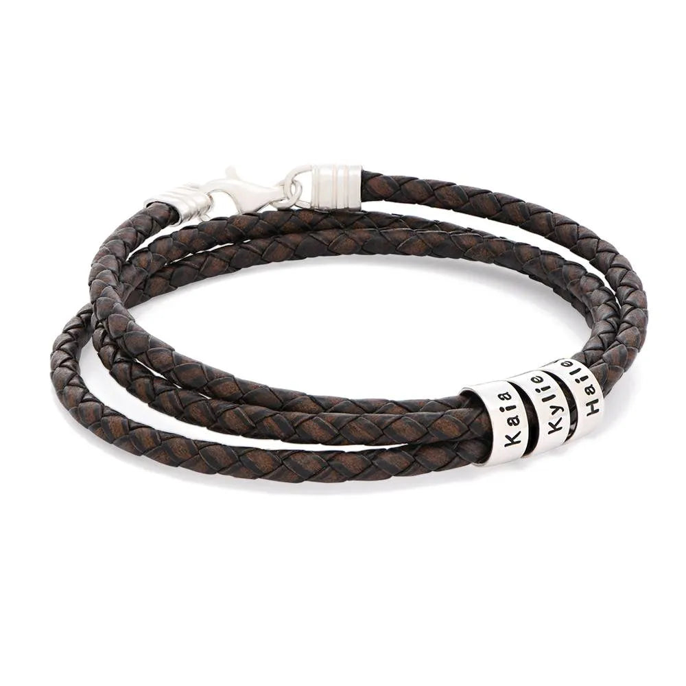 Leather Bracelet for Men with Small Custom Beads in Brown