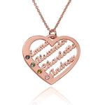 Rose gold heart-shaped necklace with engraved names and birthstones